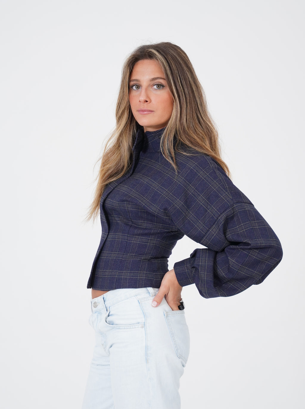 NAVY PLAID CASHMERE BOMBER JACKET