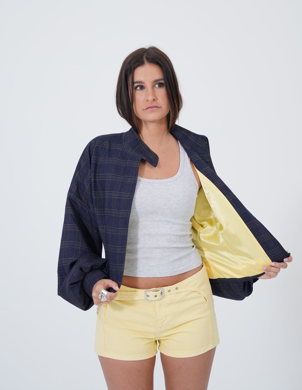 NAVY PLAID CASHMERE BOMBER JACKET