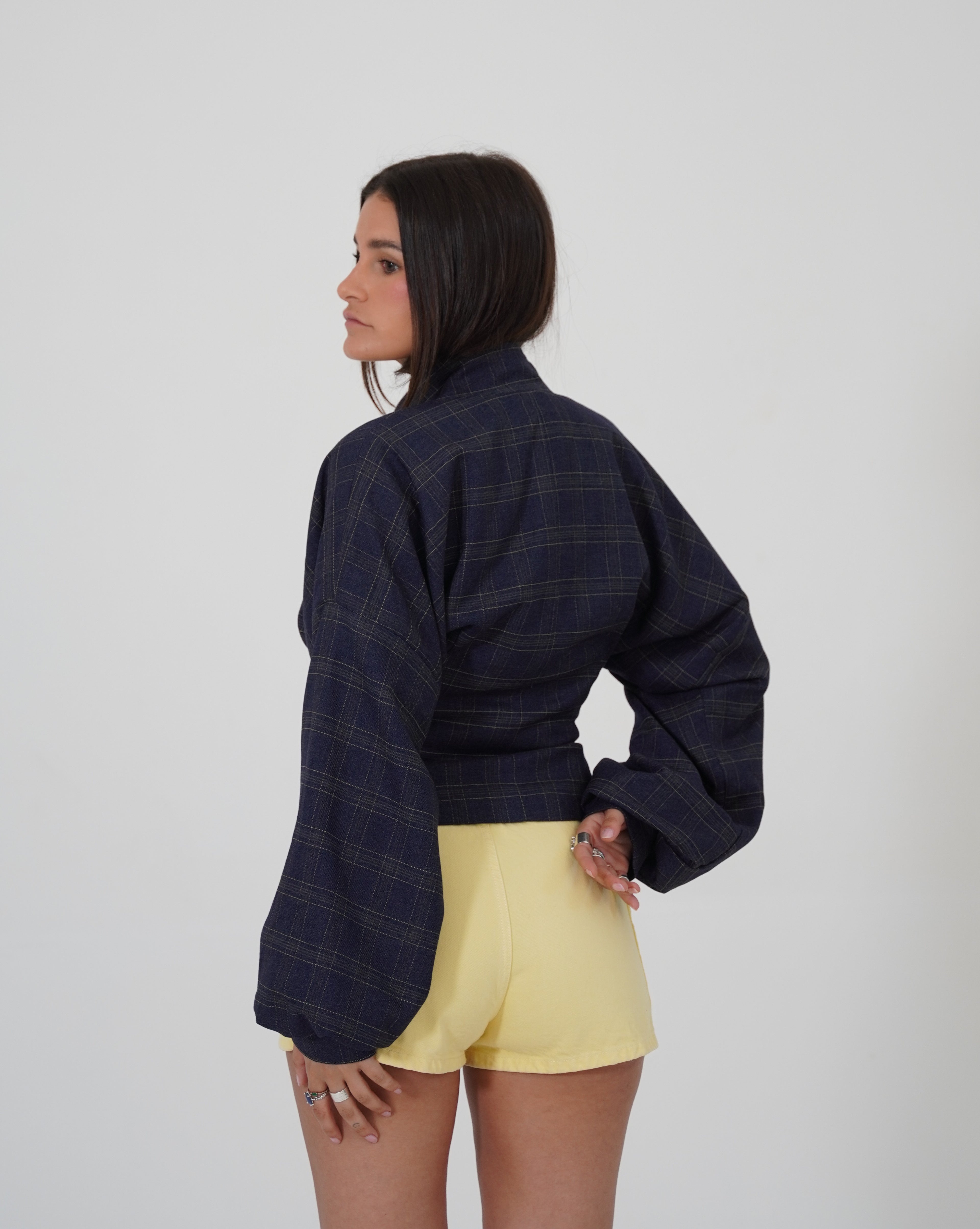 NAVY PLAID CASHMERE BOMBER JACKET
