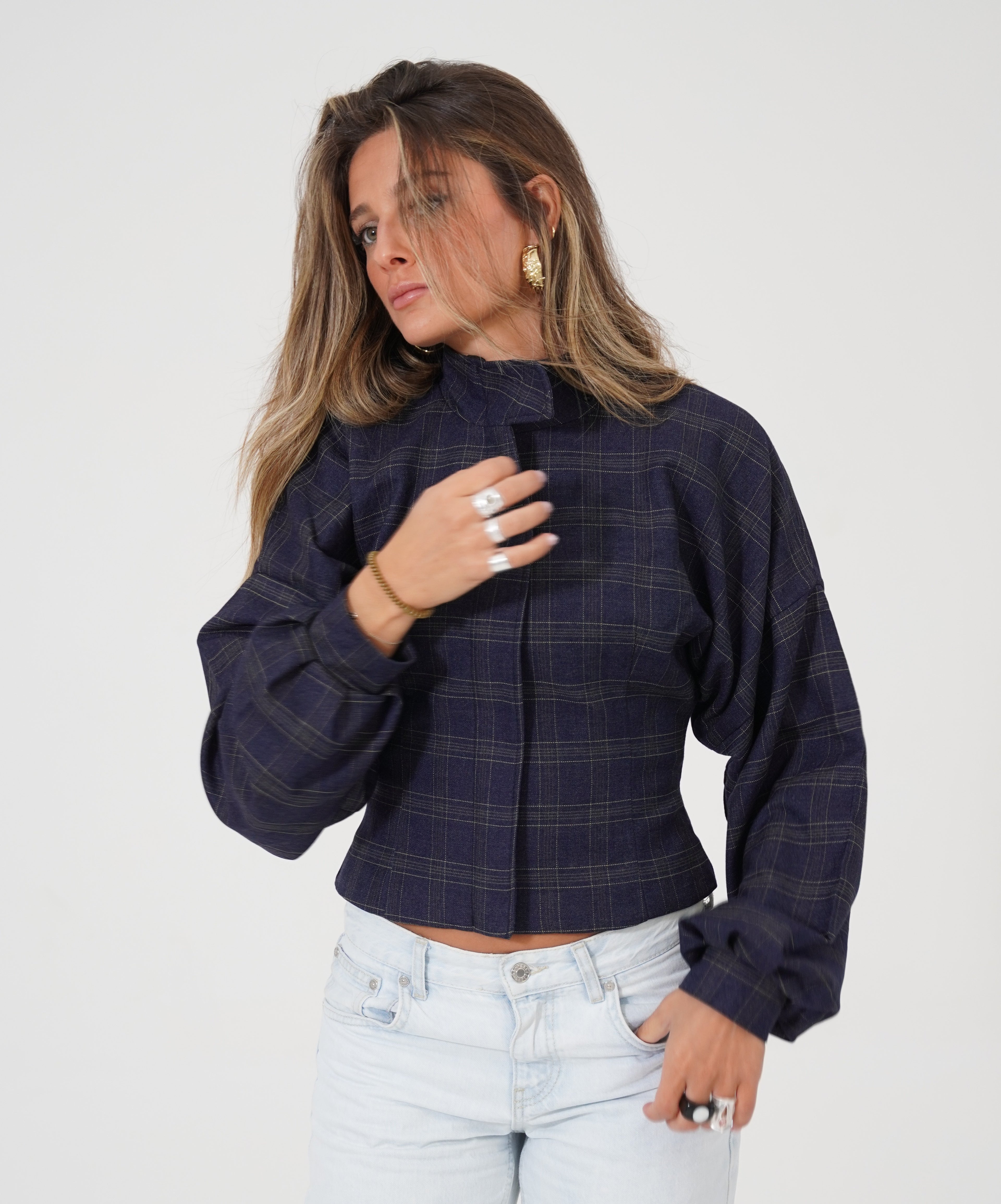 NAVY PLAID CASHMERE BOMBER JACKET