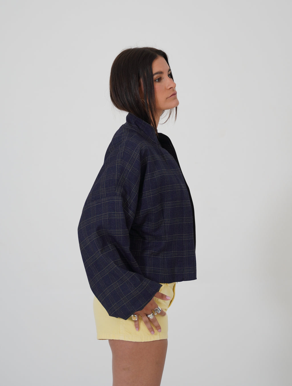 NAVY PLAID CASHMERE BOMBER JACKET