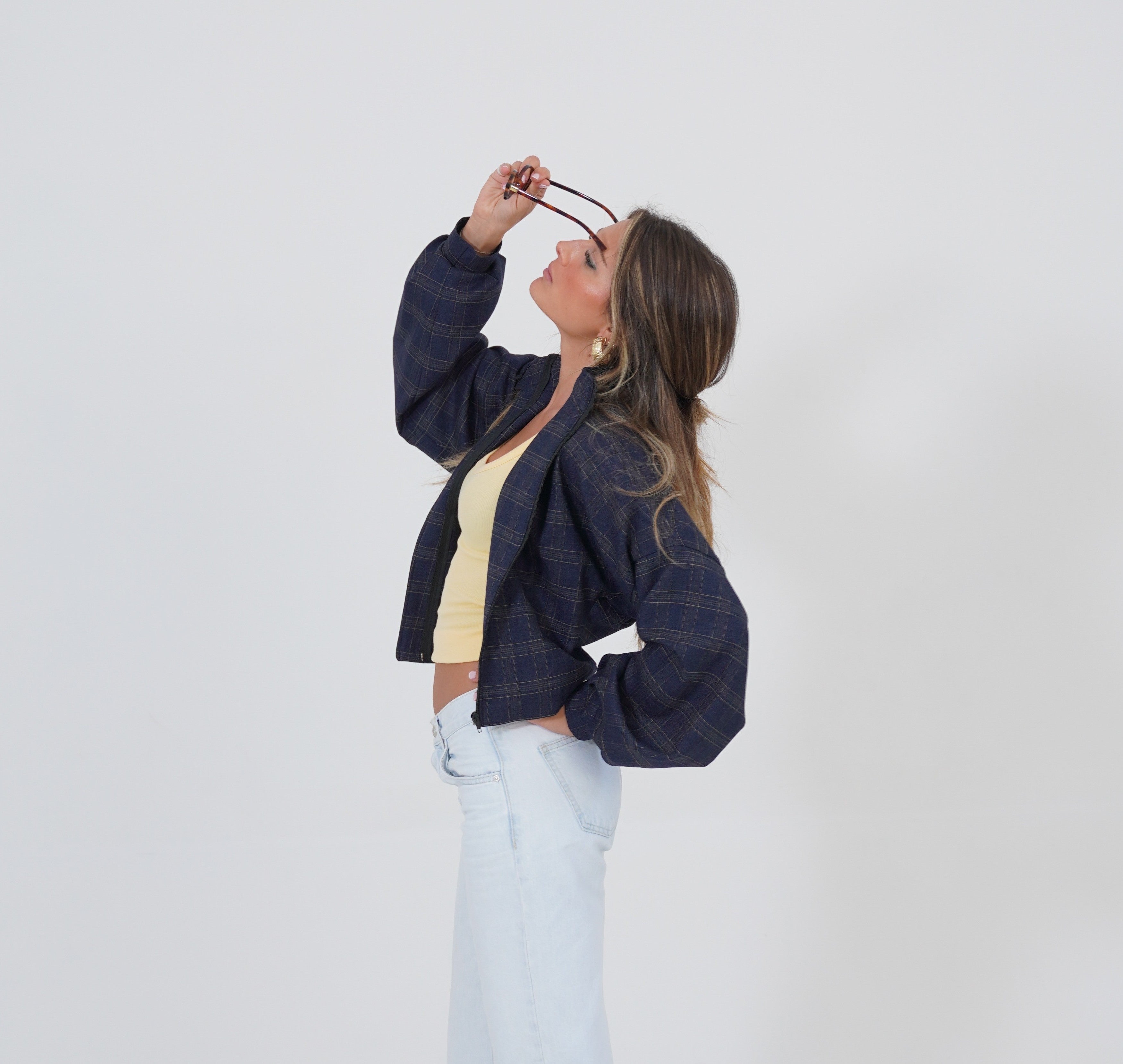 NAVY PLAID CASHMERE BOMBER JACKET