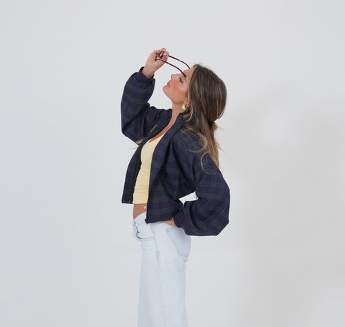 NAVY PLAID CASHMERE BOMBER JACKET