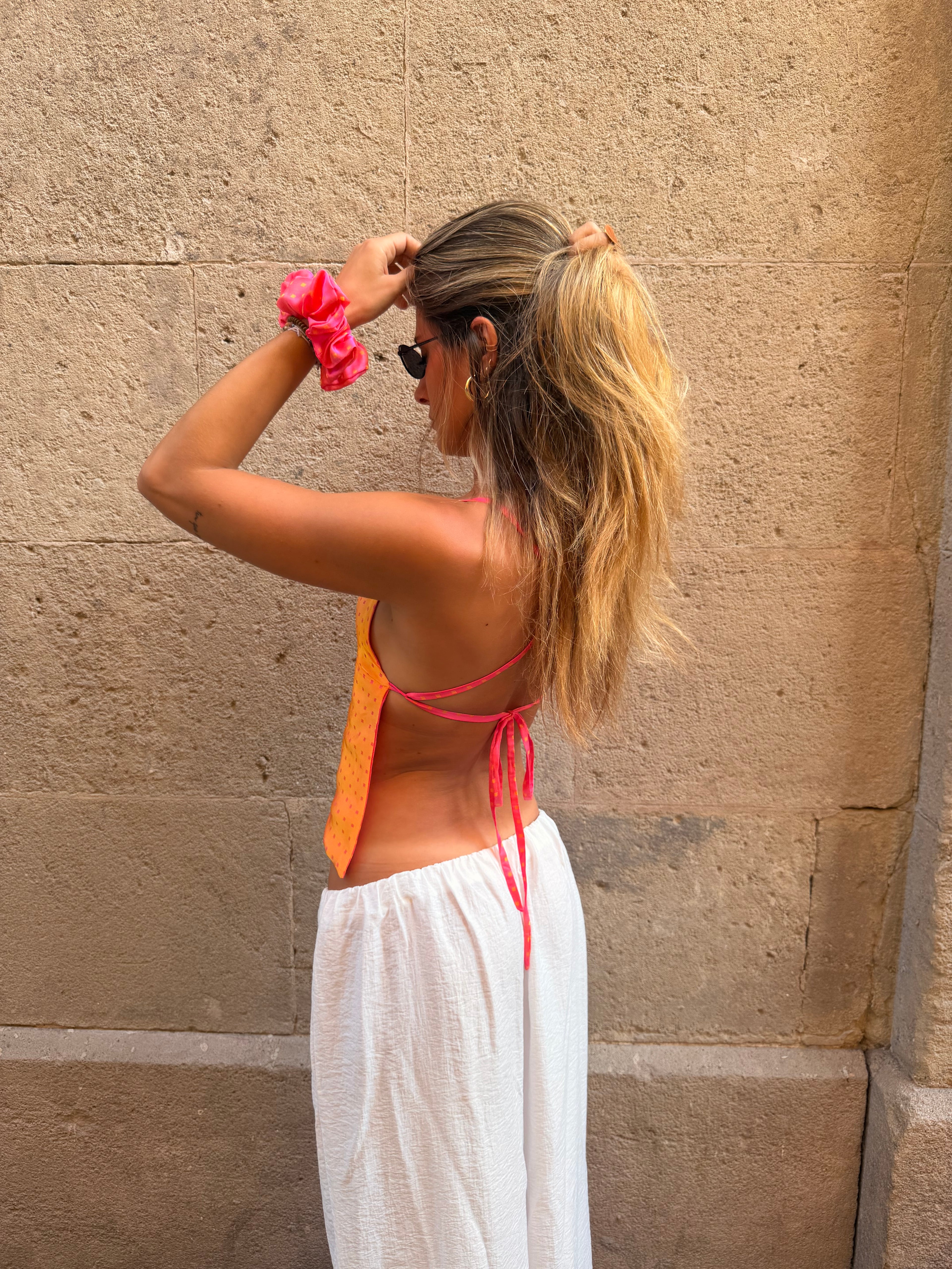 SUNSET SILK TOP + SCRUNCHIE